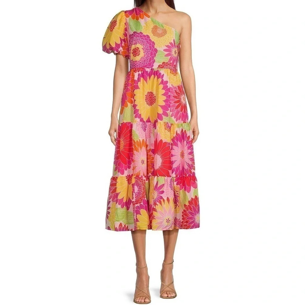 One-Shoulder Floral Midi Dress in Multi Pink and Yellow